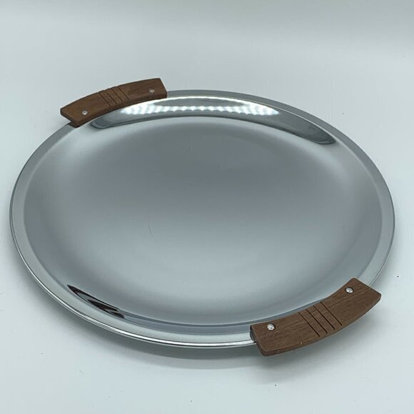 Vintage Mid-Century Chrome Round Serving Platter  Wood Handles MCM Kromex - Picture 1 of 9